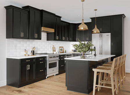 black cabinets in a modern kitchen with white subway tile