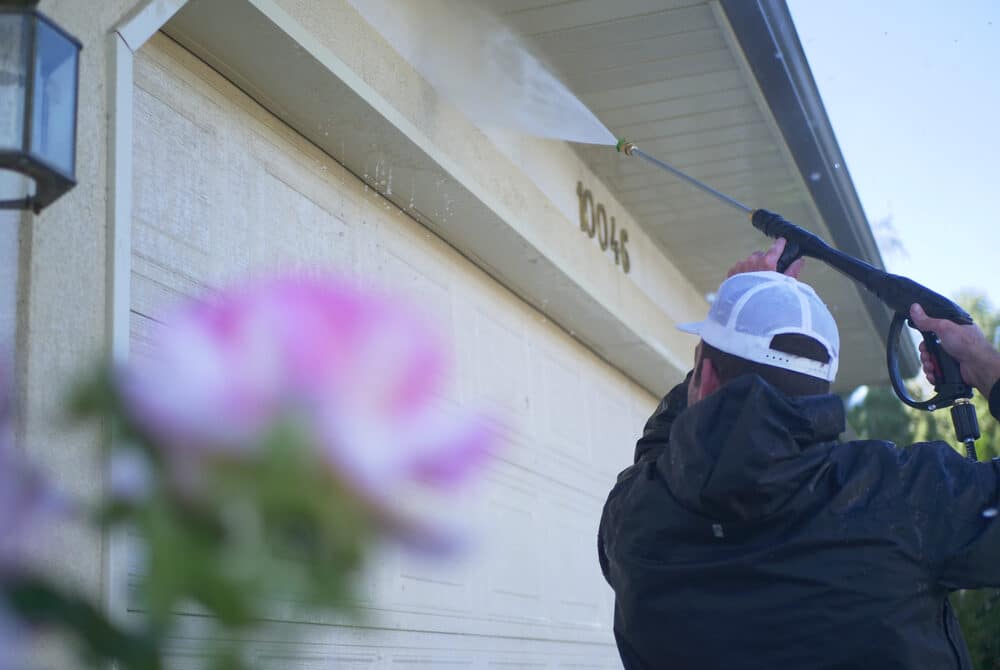 professional painting company power washing a home before painting with a pink flower in the foreground