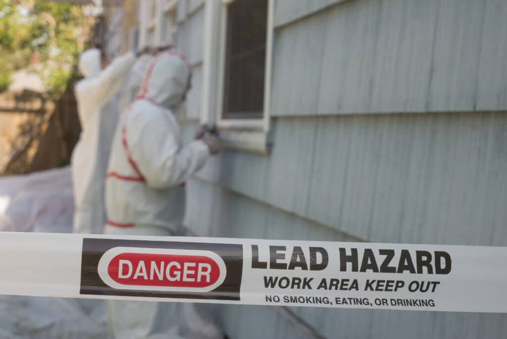 lead hazard sign in front of a home with lead paint on it with 2 people in hazmat suits performing a lead paint removal service 