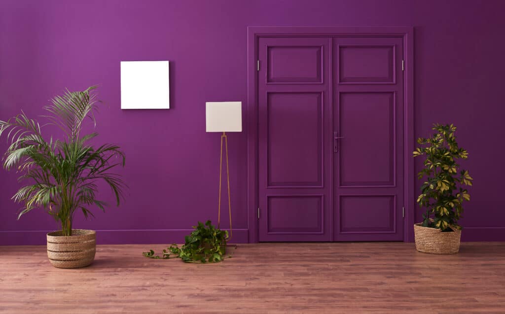 purple wall and door for a monochromatic interior door paint ideas