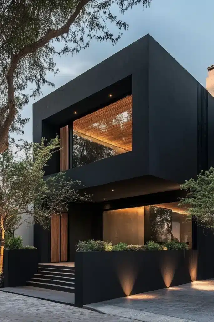 A big contemporary house with black paint and wood trim.